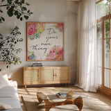Floral Figures X by Anne Tavoletti. Shown in a natural wood frame in a cozy modern living room. Available as an archival giclee rolled canvas, fine art paper, or poster print. SKU 54636a.