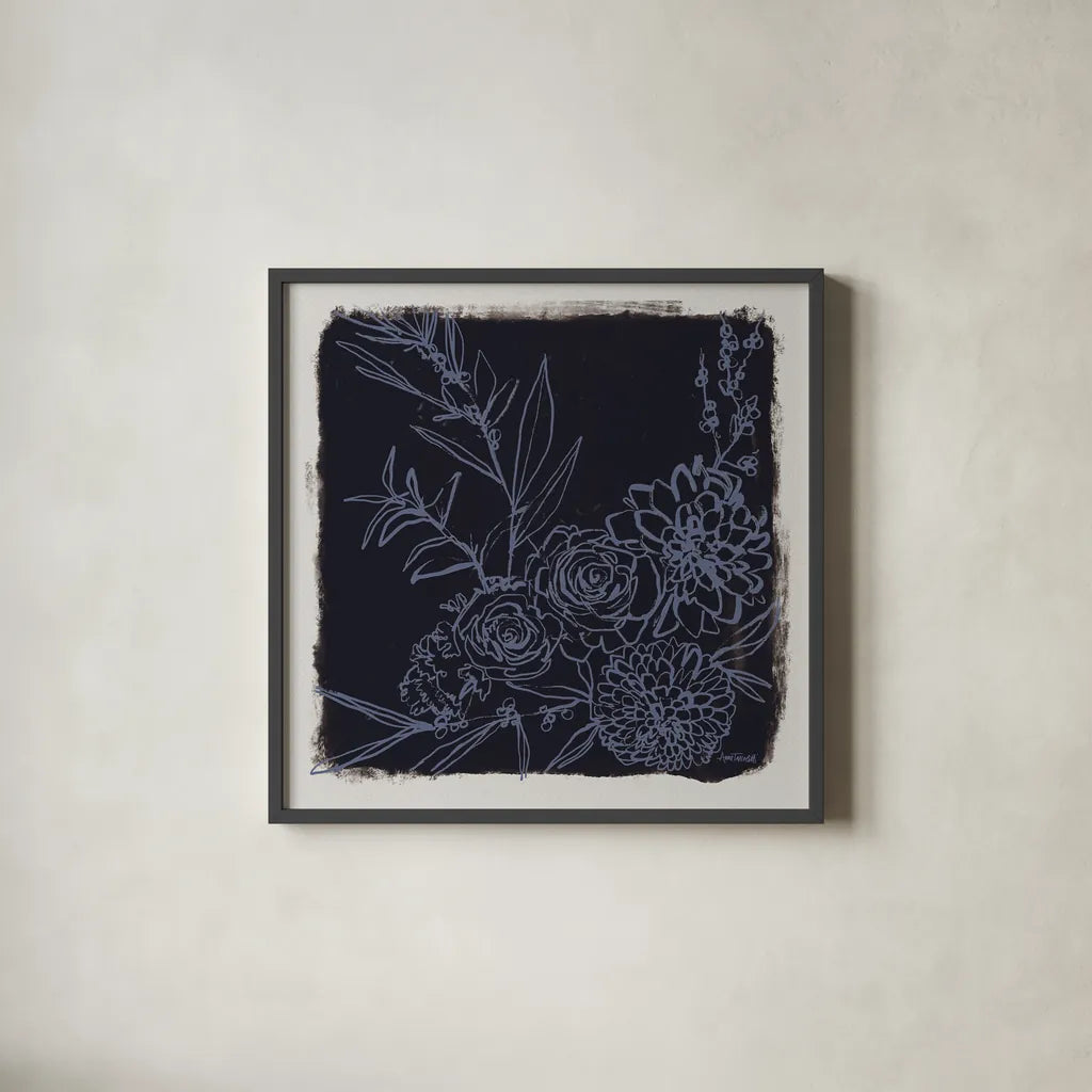 Flower Bundle Dark by Anne Tavoletti. Shown in a sleek black glass frame for a contemporary gallery look. Available as an archival giclee rolled canvas, fine art paper, or poster print. SKU 97378a.