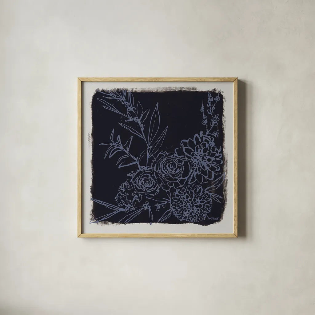 Flower Bundle Dark by Anne Tavoletti. Shown in a natural wood glass frame for a timeless modern aesthetic. Available as an archival giclee rolled canvas, fine art paper, or poster print. SKU 97378a.