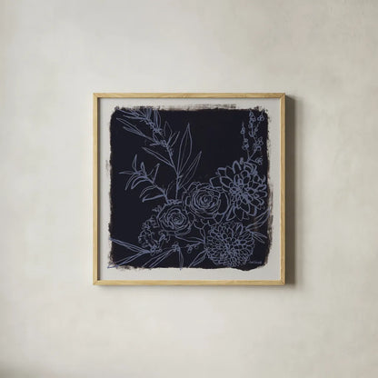 Flower Bundle Dark by Anne Tavoletti. Shown in a natural wood glass frame for a timeless modern aesthetic. Available as an archival giclee rolled canvas, fine art paper, or poster print. SKU 97378a.
