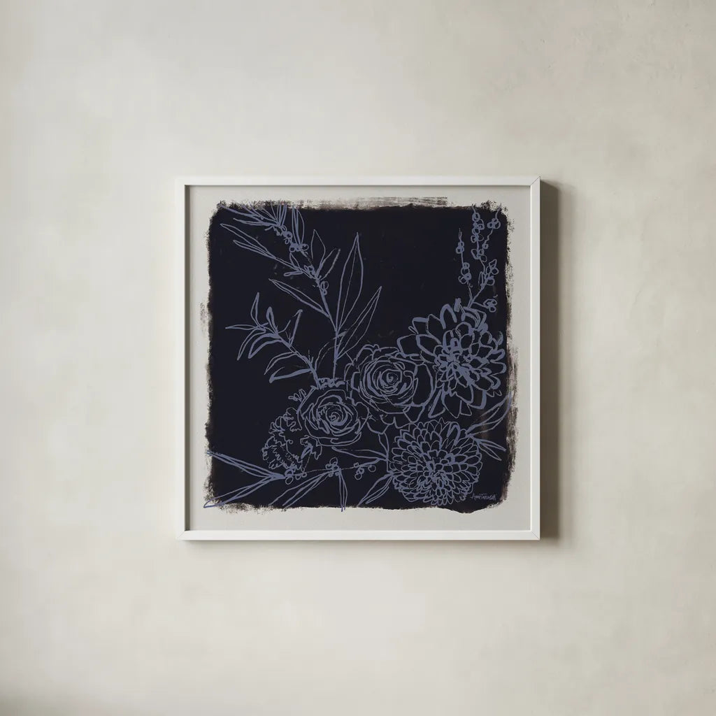 Flower Bundle Dark by Anne Tavoletti. Shown in a crisp white glass frame for a clean and minimalist style. Available as an archival giclee rolled canvas, fine art paper, or poster print. SKU 97378a.