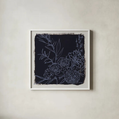 Flower Bundle Dark by Anne Tavoletti. Shown in a crisp white glass frame for a clean and minimalist style. Available as an archival giclee rolled canvas, fine art paper, or poster print. SKU 97378a.