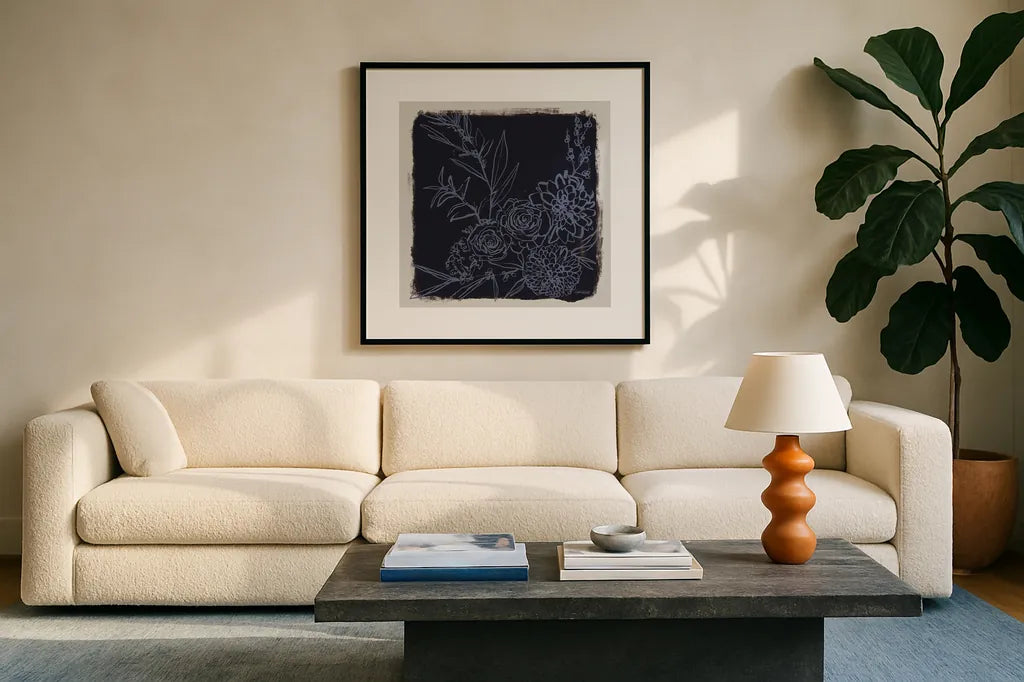 Flower Bundle Dark by Anne Tavoletti. Displayed in a glass frame with matte in a clean modern living room. Available as an archival giclee rolled canvas, fine art paper, or poster print. SKU 97378a.
