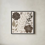 Flower Feast I Brown by Anne Tavoletti. Shown in a sleek black glass frame for a contemporary gallery look. Available as an archival giclee rolled canvas, fine art paper, or poster print. SKU 99322a.