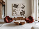 Flower Feast I Brown by Anne Tavoletti. Shown as extra-large giant wall art in a modern living room. Available as an archival giclee rolled canvas, fine art paper, or poster print. SKU 99322a.