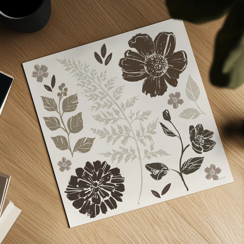 Flower Feast II Brown by Anne Tavoletti. Shown as a detailed flat fine art print, highlighting archival giclee quality. Available as an archival giclee rolled canvas, fine art paper, or poster print. SKU 99323a.