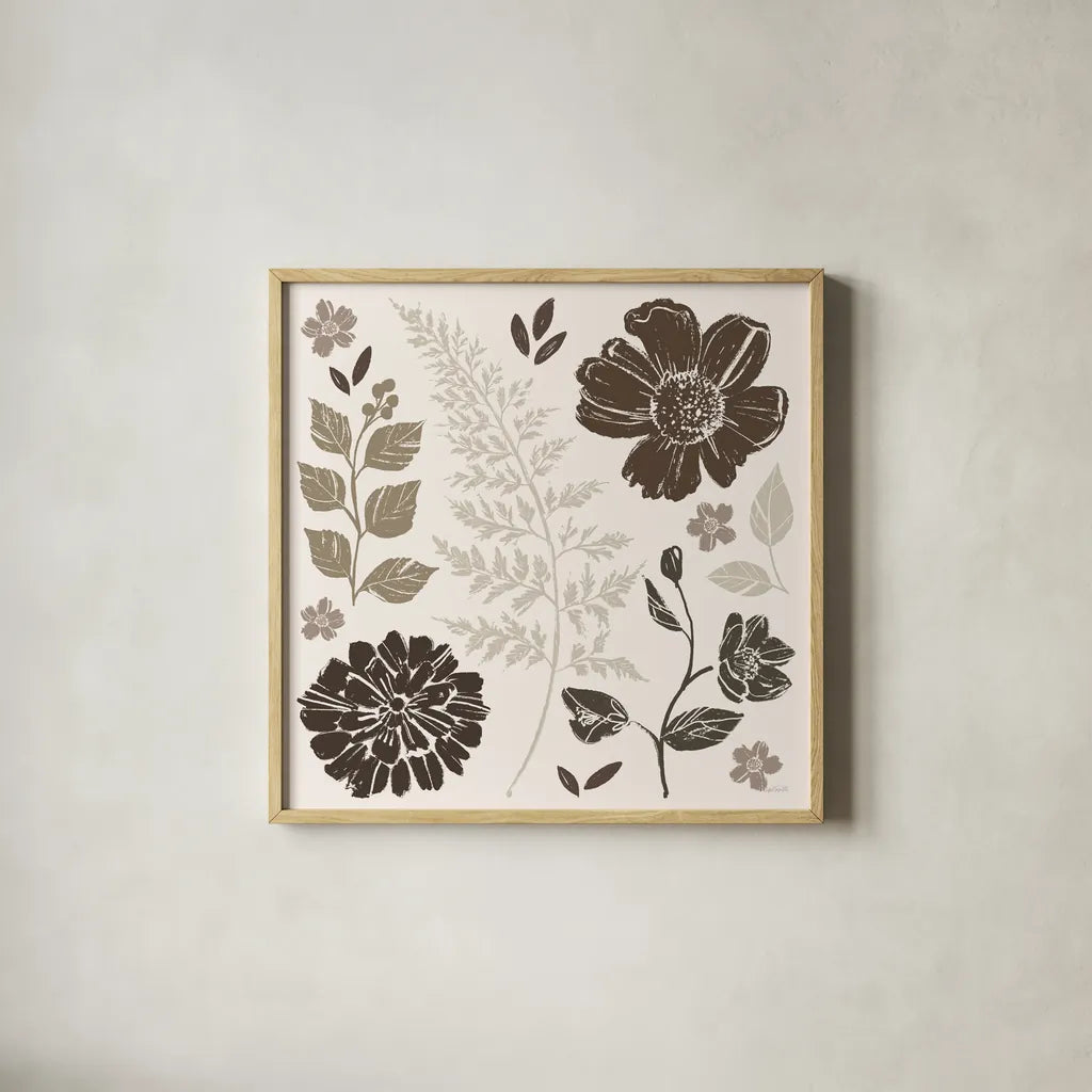 Flower Feast II Brown by Anne Tavoletti. Shown in a natural wood glass frame for a timeless modern aesthetic. Available as an archival giclee rolled canvas, fine art paper, or poster print. SKU 99323a.