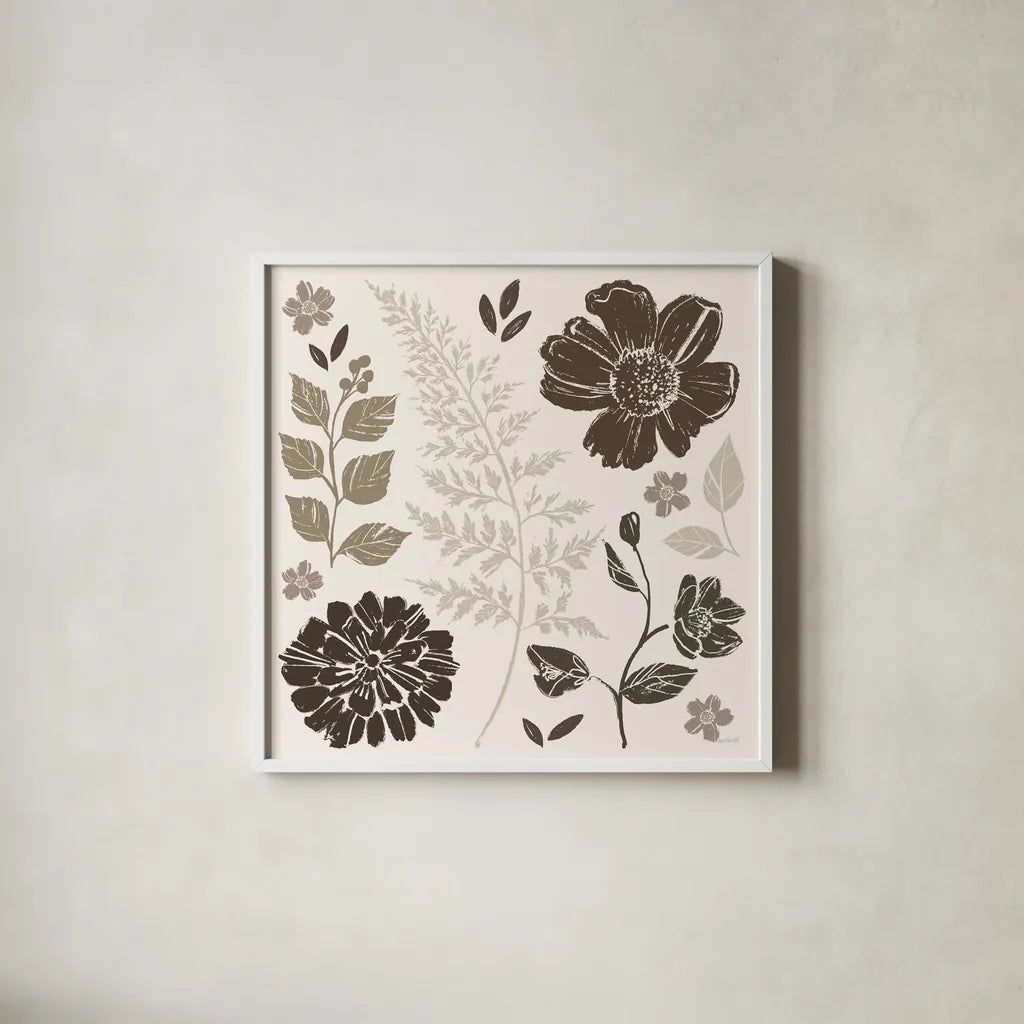 Flower Feast II Brown by Anne Tavoletti. Shown in a crisp white glass frame for a clean and minimalist style. Available as an archival giclee rolled canvas, fine art paper, or poster print. SKU 99323a.