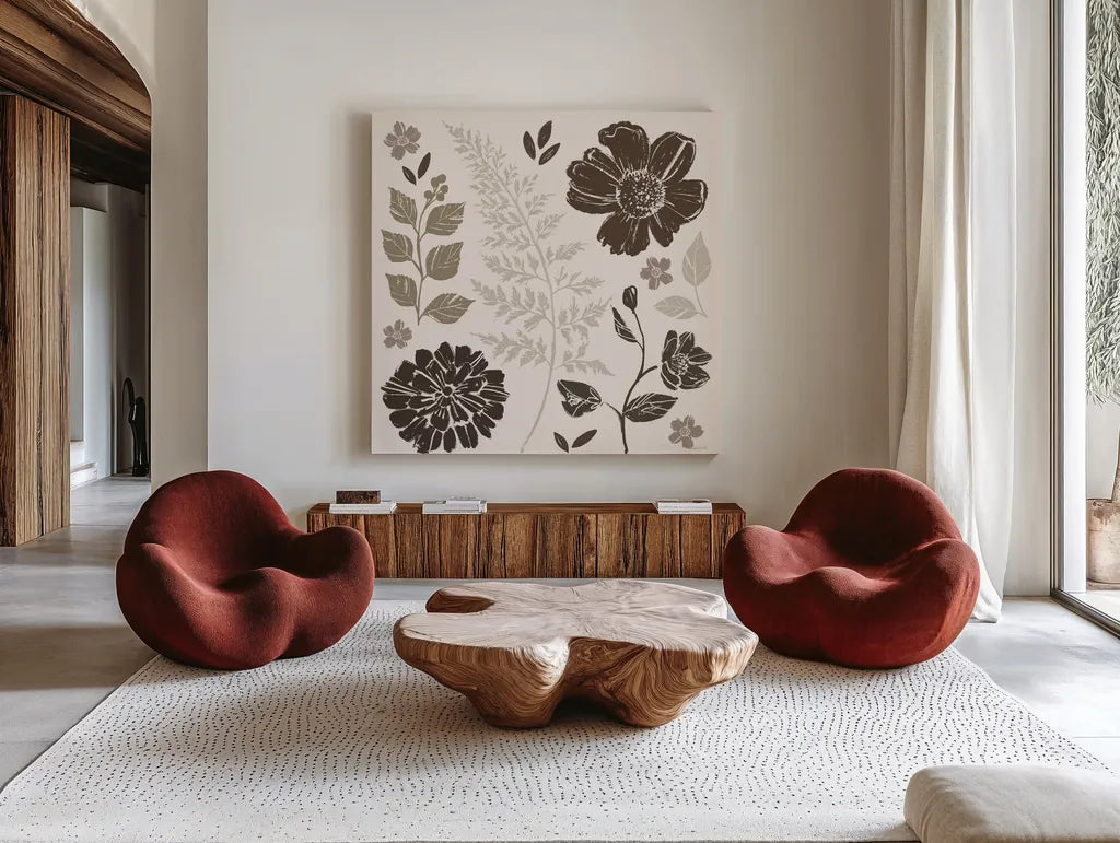 Flower Feast II Brown by Anne Tavoletti. Shown as extra-large giant wall art in a modern living room. Available as an archival giclee rolled canvas, fine art paper, or poster print. SKU 99323a.