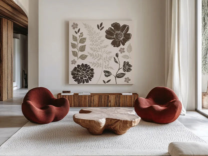 Flower Feast II Brown by Anne Tavoletti. Shown as extra-large giant wall art in a modern living room. Available as an archival giclee rolled canvas, fine art paper, or poster print. SKU 99323a.