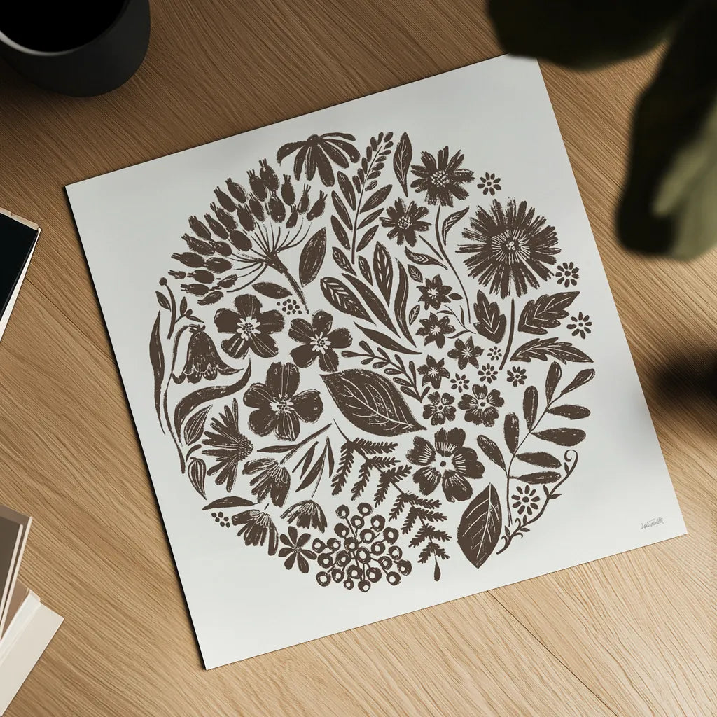 Flower Feast III Brown by Anne Tavoletti. Shown as a detailed flat fine art print, highlighting archival giclee quality. Available as an archival giclee rolled canvas, fine art paper, or poster print. SKU 99324a.