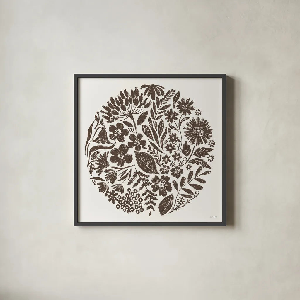 Flower Feast III Brown by Anne Tavoletti. Shown in a sleek black glass frame for a contemporary gallery look. Available as an archival giclee rolled canvas, fine art paper, or poster print. SKU 99324a.