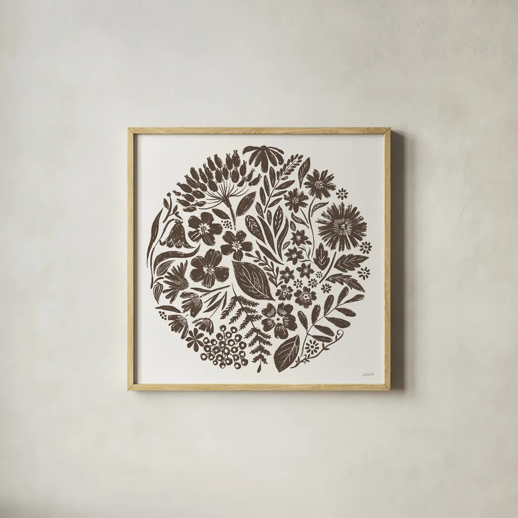 Flower Feast III Brown by Anne Tavoletti. Shown in a natural wood glass frame for a timeless modern aesthetic. Available as an archival giclee rolled canvas, fine art paper, or poster print. SKU 99324a.