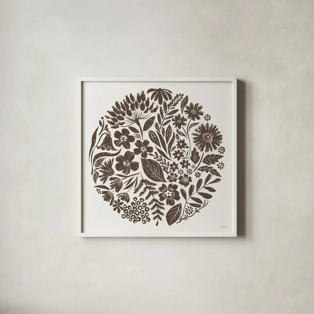 Flower Feast III Brown by Anne Tavoletti. Shown in a crisp white glass frame for a clean and minimalist style. Available as an archival giclee rolled canvas, fine art paper, or poster print. SKU 99324a.