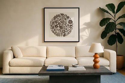 Flower Feast III Brown by Anne Tavoletti. Displayed in a glass frame with matte in a clean modern living room. Available as an archival giclee rolled canvas, fine art paper, or poster print. SKU 99324a.