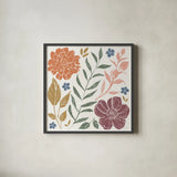 Flower Fest I by Anne Tavoletti. Shown in a sleek black glass frame for a contemporary gallery look. Available as an archival giclee rolled canvas, fine art paper, or poster print. SKU 98432a.