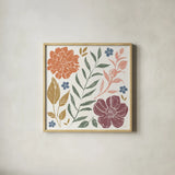 Flower Fest I by Anne Tavoletti. Shown in a natural wood glass frame for a timeless modern aesthetic. Available as an archival giclee rolled canvas, fine art paper, or poster print. SKU 98432a.