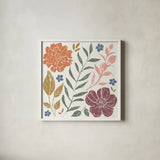 Flower Fest I by Anne Tavoletti. Shown in a crisp white glass frame for a clean and minimalist style. Available as an archival giclee rolled canvas, fine art paper, or poster print. SKU 98432a.