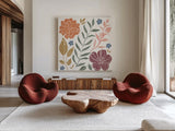 Flower Fest I by Anne Tavoletti. Shown as extra-large giant wall art in a modern living room. Available as an archival giclee rolled canvas, fine art paper, or poster print. SKU 98432a.
