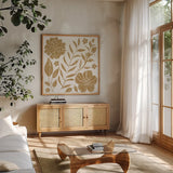 Flower Fest I Mono by Anne Tavoletti. Shown in a natural wood frame in a cozy modern living room. Available as an archival giclee rolled canvas, fine art paper, or poster print. SKU 98433a.
