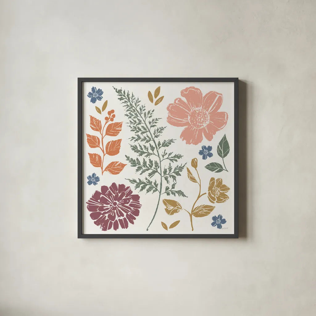 Flower Fest II by Anne Tavoletti. Shown in a sleek black glass frame for a contemporary gallery look. Available as an archival giclee rolled canvas, fine art paper, or poster print. SKU 98434a.