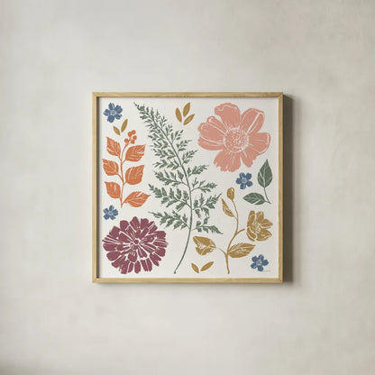 Flower Fest II by Anne Tavoletti. Shown in a natural wood glass frame for a timeless modern aesthetic. Available as an archival giclee rolled canvas, fine art paper, or poster print. SKU 98434a.