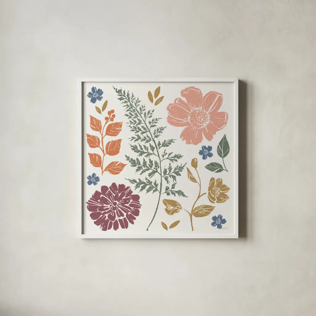 Flower Fest II by Anne Tavoletti. Shown in a crisp white glass frame for a clean and minimalist style. Available as an archival giclee rolled canvas, fine art paper, or poster print. SKU 98434a.