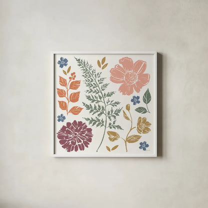 Flower Fest II by Anne Tavoletti. Shown in a crisp white glass frame for a clean and minimalist style. Available as an archival giclee rolled canvas, fine art paper, or poster print. SKU 98434a.