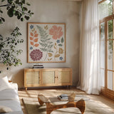 Flower Fest II by Anne Tavoletti. Shown in a natural wood frame in a cozy modern living room. Available as an archival giclee rolled canvas, fine art paper, or poster print. SKU 98434a.