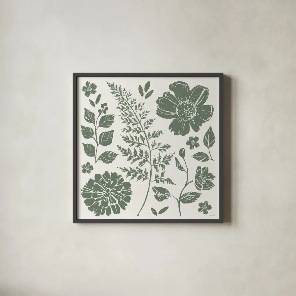 Flower Fest II Mono by Anne Tavoletti. Shown in a sleek black glass frame for a contemporary gallery look. Available as an archival giclee rolled canvas, fine art paper, or poster print. SKU 98435a.