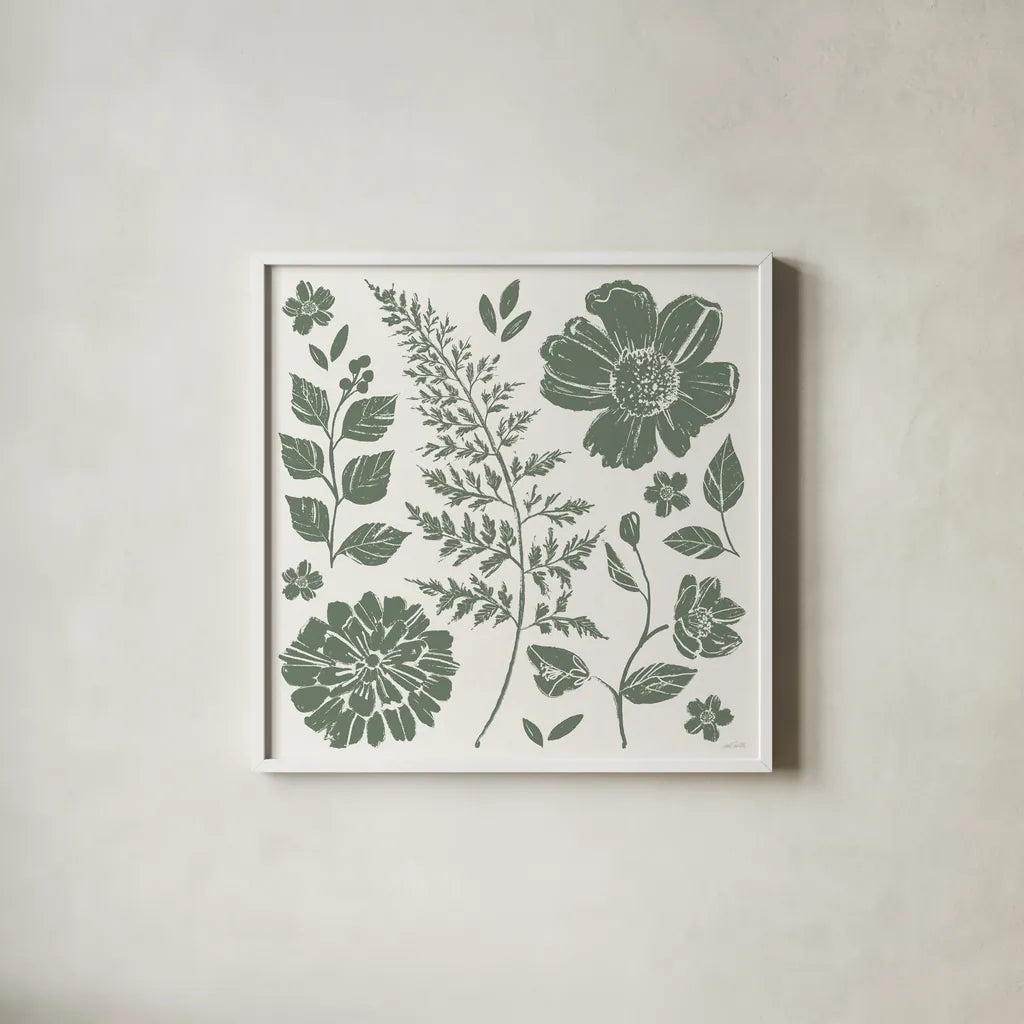 Flower Fest II Mono by Anne Tavoletti. Shown in a crisp white glass frame for a clean and minimalist style. Available as an archival giclee rolled canvas, fine art paper, or poster print. SKU 98435a.
