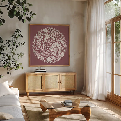 Flower Fest IV by Anne Tavoletti. Shown in a natural wood frame in a cozy modern living room. Available as an archival giclee rolled canvas, fine art paper, or poster print. SKU 98437a.