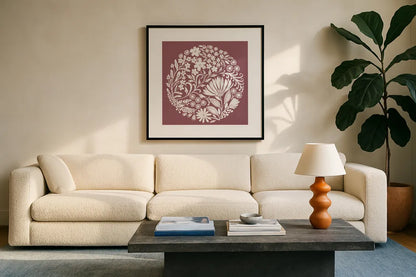 Flower Fest IV by Anne Tavoletti. Displayed in a glass frame with matte in a clean modern living room. Available as an archival giclee rolled canvas, fine art paper, or poster print. SKU 98437a.