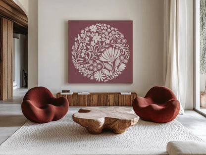 Flower Fest IV by Anne Tavoletti. Shown as extra-large giant wall art in a modern living room. Available as an archival giclee rolled canvas, fine art paper, or poster print. SKU 98437a.