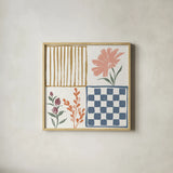 Flower Fest V by Anne Tavoletti. Shown in a natural wood glass frame for a timeless modern aesthetic. Available as an archival giclee rolled canvas, fine art paper, or poster print. SKU 98438a.