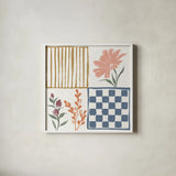 Flower Fest V by Anne Tavoletti. Shown in a crisp white glass frame for a clean and minimalist style. Available as an archival giclee rolled canvas, fine art paper, or poster print. SKU 98438a.