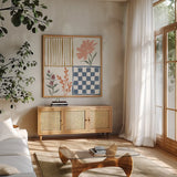 Flower Fest V by Anne Tavoletti. Shown in a natural wood frame in a cozy modern living room. Available as an archival giclee rolled canvas, fine art paper, or poster print. SKU 98438a.