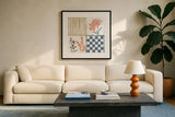 Flower Fest V by Anne Tavoletti. Displayed in a glass frame with matte in a clean modern living room. Available as an archival giclee rolled canvas, fine art paper, or poster print. SKU 98438a.