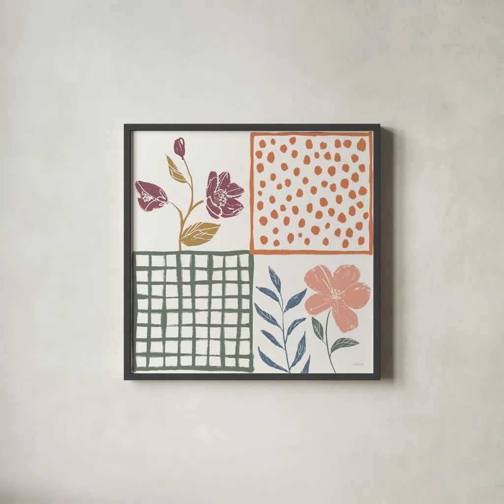 Flower Fest VI by Anne Tavoletti. Shown in a sleek black glass frame for a contemporary gallery look. Available as an archival giclee rolled canvas, fine art paper, or poster print. SKU 98439a.