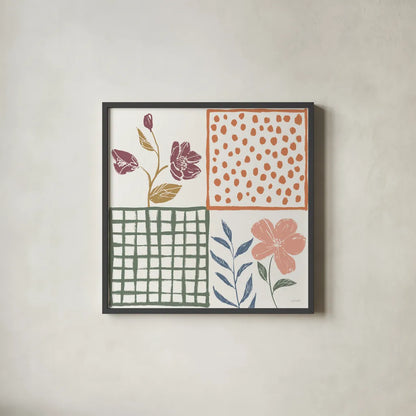 Flower Fest VI by Anne Tavoletti. Shown in a sleek black glass frame for a contemporary gallery look. Available as an archival giclee rolled canvas, fine art paper, or poster print. SKU 98439a.