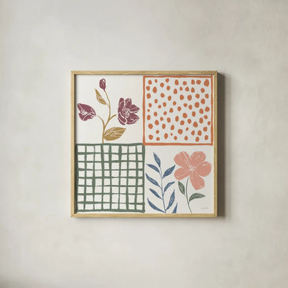 Flower Fest VI by Anne Tavoletti. Shown in a natural wood glass frame for a timeless modern aesthetic. Available as an archival giclee rolled canvas, fine art paper, or poster print. SKU 98439a.