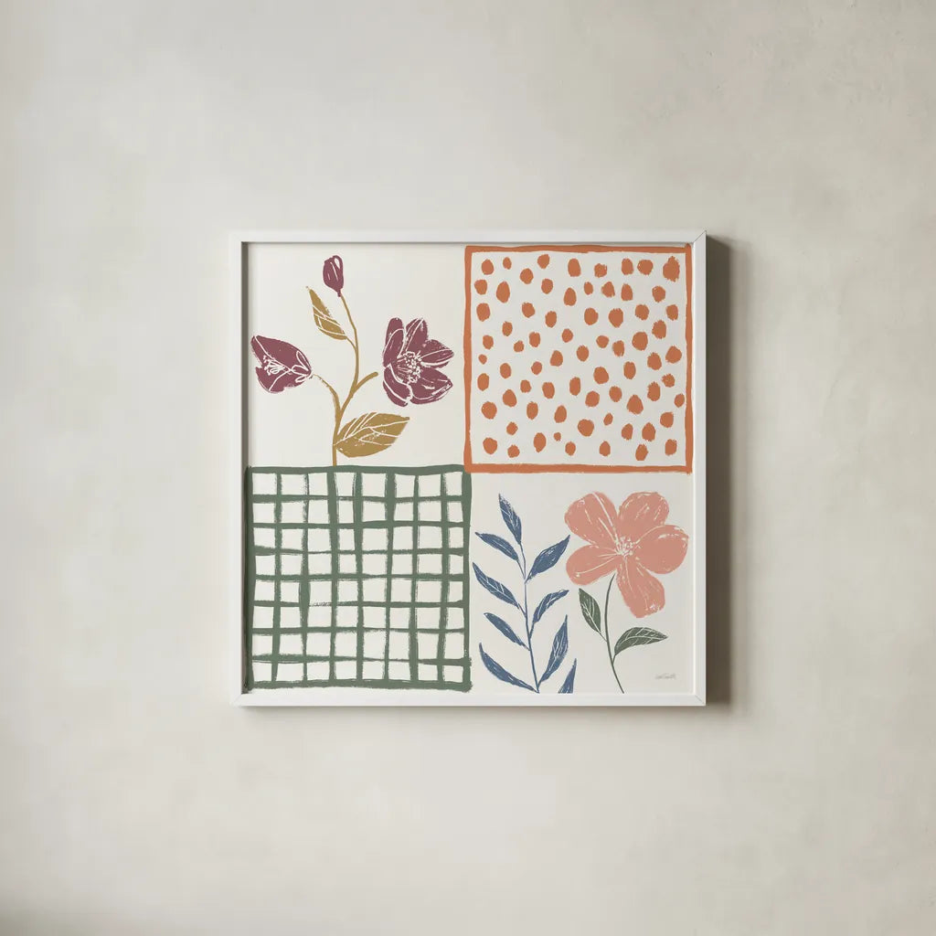 Flower Fest VI by Anne Tavoletti. Shown in a crisp white glass frame for a clean and minimalist style. Available as an archival giclee rolled canvas, fine art paper, or poster print. SKU 98439a.