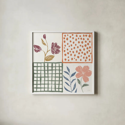 Flower Fest VI by Anne Tavoletti. Shown in a crisp white glass frame for a clean and minimalist style. Available as an archival giclee rolled canvas, fine art paper, or poster print. SKU 98439a.