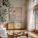 Flower Fest VI by Anne Tavoletti. Shown in a natural wood frame in a cozy modern living room. Available as an archival giclee rolled canvas, fine art paper, or poster print. SKU 98439a.