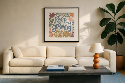 Flower Fest VII by Anne Tavoletti. Displayed in a glass frame with matte in a clean modern living room. Available as an archival giclee rolled canvas, fine art paper, or poster print. SKU 98440a.