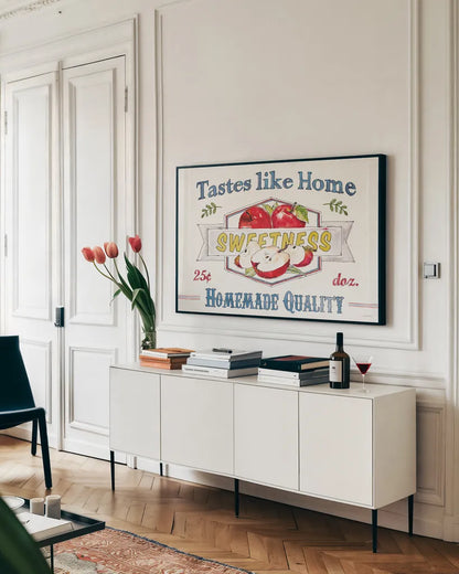 Fruit Stand I by Anne Tavoletti. shown as a framed stretched canvas in a living room above a console. Available as a archival giclee rolled canvas, fine art paper, or poster print. SKU 53343i.