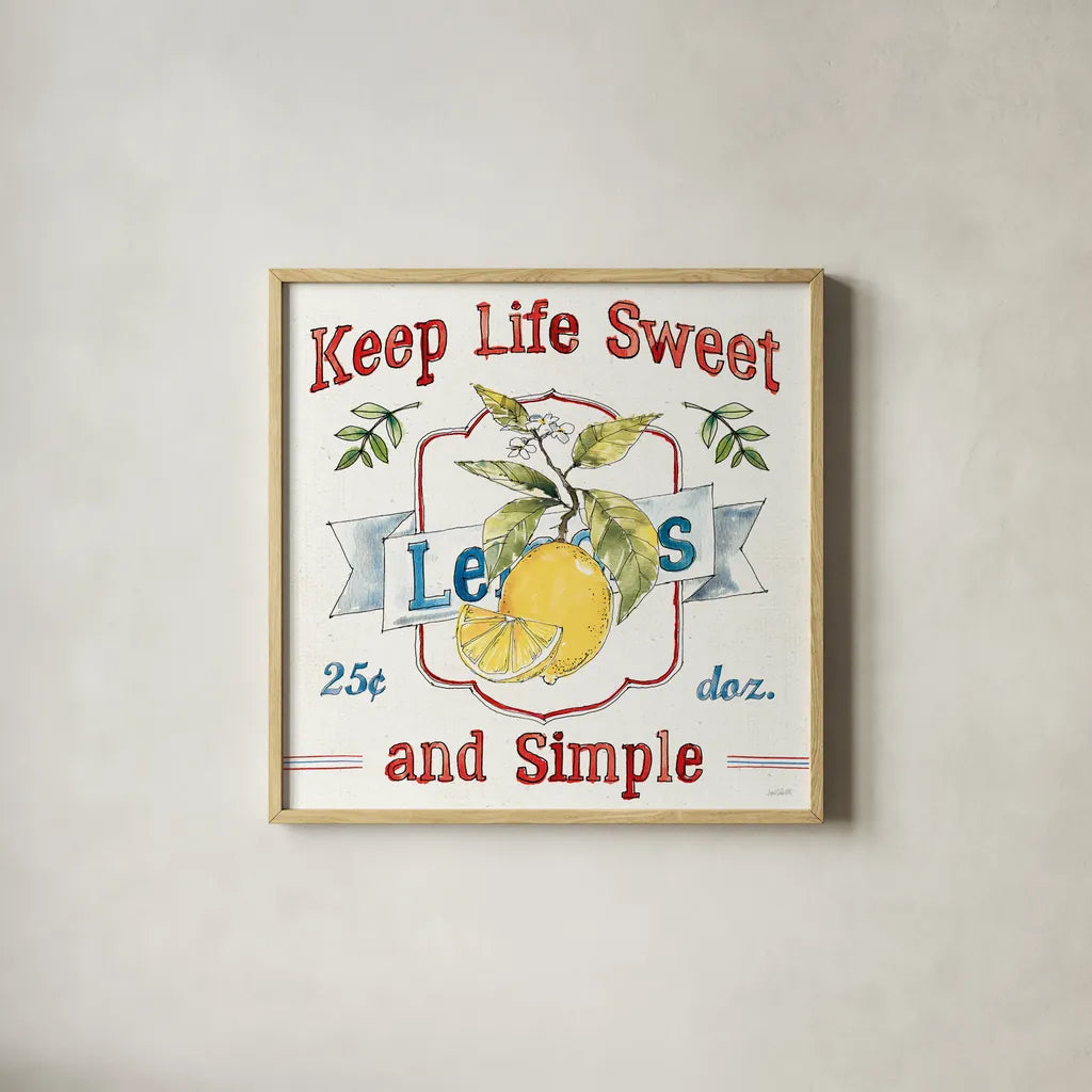 Fruit Stand II by Anne Tavoletti. Shown in a natural wood glass frame for a timeless modern aesthetic. Available as an archival giclee rolled canvas, fine art paper, or poster print. SKU 53344a.