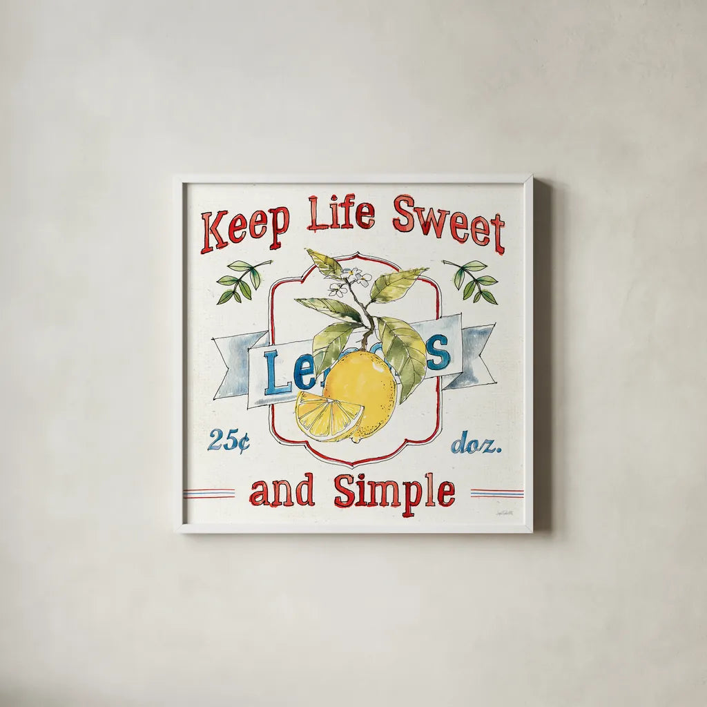 Fruit Stand II by Anne Tavoletti. Shown in a crisp white glass frame for a clean and minimalist style. Available as an archival giclee rolled canvas, fine art paper, or poster print. SKU 53344a.