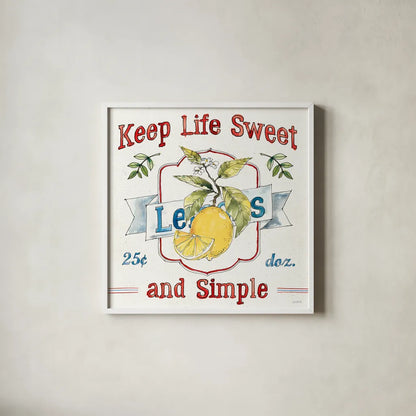 Fruit Stand II by Anne Tavoletti. Shown in a crisp white glass frame for a clean and minimalist style. Available as an archival giclee rolled canvas, fine art paper, or poster print. SKU 53344a.