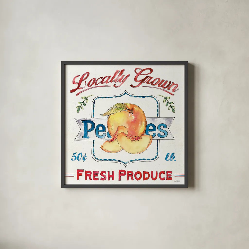 Fruit Stand III by Anne Tavoletti. Shown in a sleek black glass frame for a contemporary gallery look. Available as an archival giclee rolled canvas, fine art paper, or poster print. SKU 53345a.